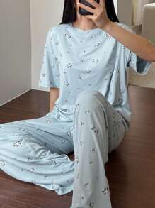 DAZY Ditsy Floral Loose Fit Short Sleeve Top And Pants Pajama Set - Baby Blue - View 4
