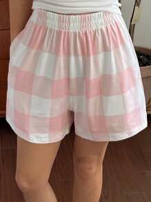 DAZY 简约格纹宽松短裤女士家居短裤家居服睡眠短裤 - 粉色 - 查看 3