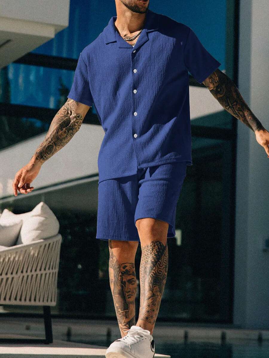 Manfinity Homme Men's Textured Solid Color Short Sleeve Shirt And Shorts Set, Casual Summer Outfit - Royal Blue - View 1
