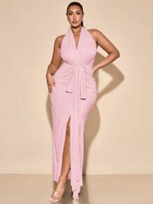 SHEIN BAE 大码女式优雅长款 V 领针织连衣裙，杏色，适合日常穿着、郊游、约会、下午茶、度假、春夏季、大码女式亚麻背心和阔腿短裤 2 件套、女士春季服装、女士夏季服装、节日/音乐会服装女士/狂欢服装节日/狂欢服装/春假服装、毕业礼服、女士沙滩服装/沙滩、大码女式高开衩连衣裙、春夏季 - 珊瑚粉 - 查看 1