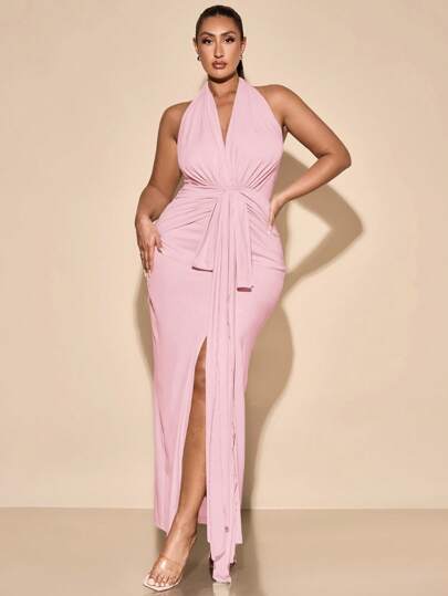 SHEIN BAE 大码女式优雅长款 V 领针织连衣裙，杏色，适合日常穿着、郊游、约会、下午茶、度假、春夏季、大码女式亚麻背心和阔腿短裤 2 件套、女士春季服装、女士夏季服装、节日/音乐会服装女士/狂欢服装节日/狂欢服装/春假服装、毕业礼服、女士沙滩服装/沙滩、大码女式高开衩连衣裙、春夏季