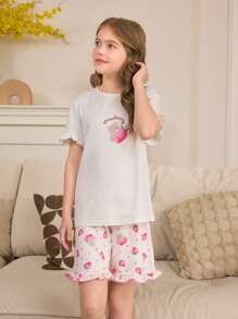 Tween Girls Minimalist Love Print Ruffle Trim White Top & Shorts 2 Pieces Pajama Set - Beige - View 2