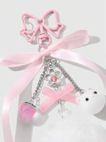 ROMWE Kawaii 1 件可爱美观蝴蝶结绒球草莓植绒猫头钥匙扣，适合女孩和女士的时尚配饰礼物，适合日常穿着和节日 - 粉色 - 查看 6