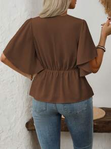 Vionelle 大码女式法式优雅办公休闲度假 V 领纽扣装饰腰部喇叭下摆短袖衬衫，春夏 - 咖啡棕 - 查看 2