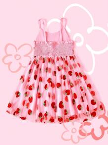 SHEIN Fată tânără, elegantă, dulce, luxuriantă, minunată, rochie de prințesă din plasă de căpșuni, potrivită pentru copiii de 4-7 ani, perfectă pentru petrecerea de aniversare, fotografie, joc costumat, activități în aer liber, stațiune de vacanță, parc tematic