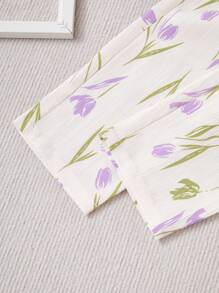 年轻女孩简约碎花短袖上衣和裤子 2 件套睡衣套装