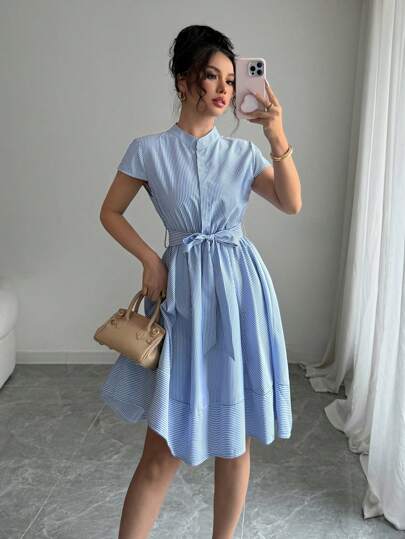 Elenzga Women's Casual Striped Cap Sleeve Mini Dress, Summer