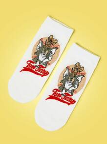 TOM & JERRY X SHEIN 1 Pasang Kaos Kaki Pendek Wanita Nyaman dan Lembut dengan Motif Kucing Kartun - Putih - View 2