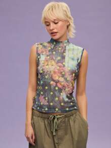 COUREZ Loose Fit Sheer Mesh Flower Polka Dot Print High Neck Top / Clothes Spring Clothes Y2K Cute Tops Going Out Tops Going Out Outfits Graphic Tees - Yellow - View 2