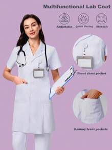 Scrubzie 短袖衬衫领多口袋女士实验室外套/白大褂