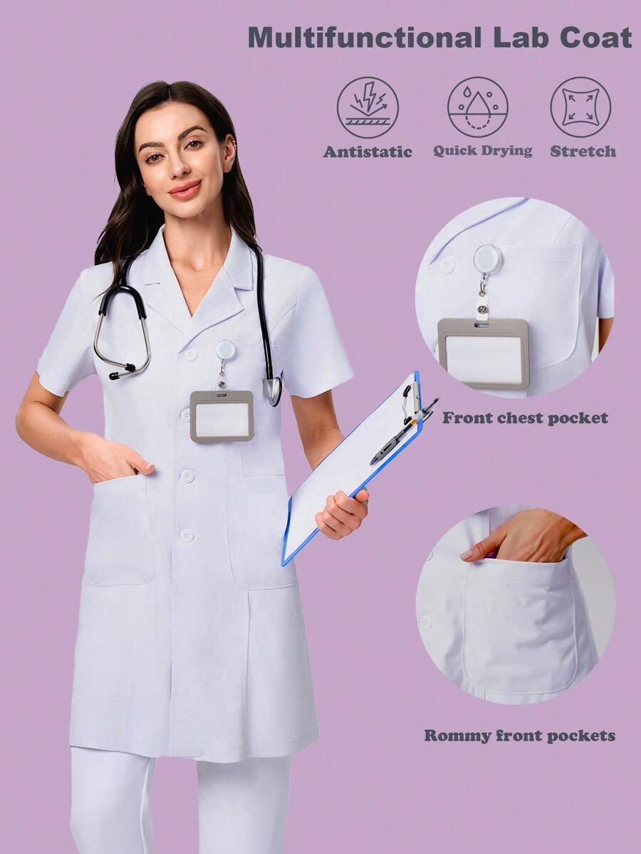 Scrubzie 短袖衬衫领多口袋女士实验室外套/白大褂