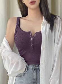 DAZY Women Crew Neck Slim Fit Single-Breasted Rib-Knit Casual Tank Top - Purple - View 3