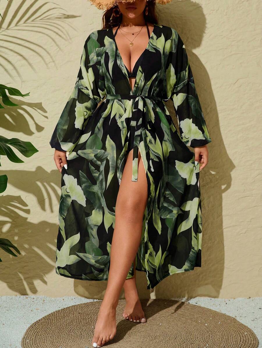 SHEIN VCAY 大码女式随机印花长袖宽松开衫 - 綠色 - 查看 1