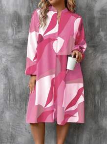 大码休闲长袖连衣裙，简约时尚，适合夏季 - 粉色 - 查看 5