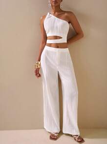 Zivah 2 Pieces Set: Textured Fabric One Shoulder Twist Detail Hollow-Out Waist Crop Top And Wide-Leg Pants With Pockets, Elegant Outfit For Vacation, Commute, Mother's Day, Wedding, Music Festival, Party, Club - White - View 6