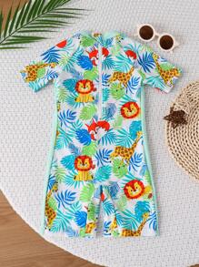 SHEIN Leap Crew 1pc Young Boys' Casual School Style Comfortable & Practical Versatile Soft Cartoon Tiger Animal Pattern Swimsuit, Suitable For Vacation, Spring/Summer - Green - View 2