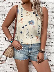 SHEIN VCAY Plus Size Women Casual Floral Pattern Round Neck Camisole And Tank Top, Suitable For Summer Back To School - Multicolor - View 5