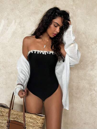 SHEIN Swim Women One-Piece Swimsuit With Graphic Decal And Contrast Color Binding Detail For Summer Beach Vacation