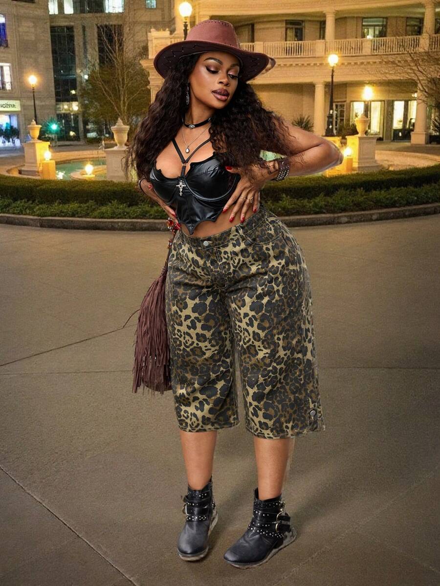 Plus Size Women Non-Stretch Leopard Print Capri Jeans Western Cowboy Style Summer Bermuda Shorts - Brown - View 1