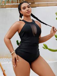 Swim Lushoire 大码女式连体纯黑色针织无袖露背简约细肩带泳衣 - 黑色 - 查看 3