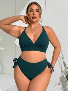 Swim Vcay Plus Size Adjustable 3D Texture Fabric Swimsuit Set, Vacation For Summer - Dark Green - View 3