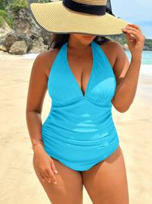 Swim Lushoire Plus Size Women Solid Color Ruched Deep V-Neck Sexy Backless One-Piece Swimsuit For Summer Beach Vacation - Mint Blue - View 4