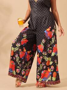 SHEIN Clasi Flowers Birds Plus Size Women Botanical Print V-Neck Sleeveless Wide Leg Jumpsuit - Multicolor - View 8