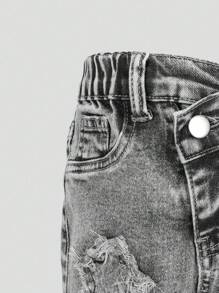 SHEIN Girls Medium Washed Blue Star Embroidery Ripped Skinny Flare Jeans - Light Grey - View 5