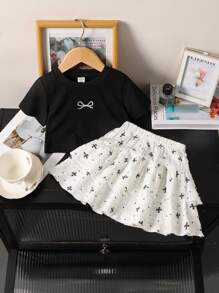 Genkimix Kids Young Girls' Bow Print Round Neck Short Sleeve T-Shirt And Sweet Mini Skirt Set, Fresh Summer Holiday, Beach, Outing Summer Holiday - Black - View 1