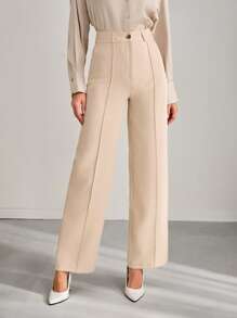 EURMUSE 女士纯色牙签条纹设计直筒休闲办公裤 - 卡其色 - 查看 1