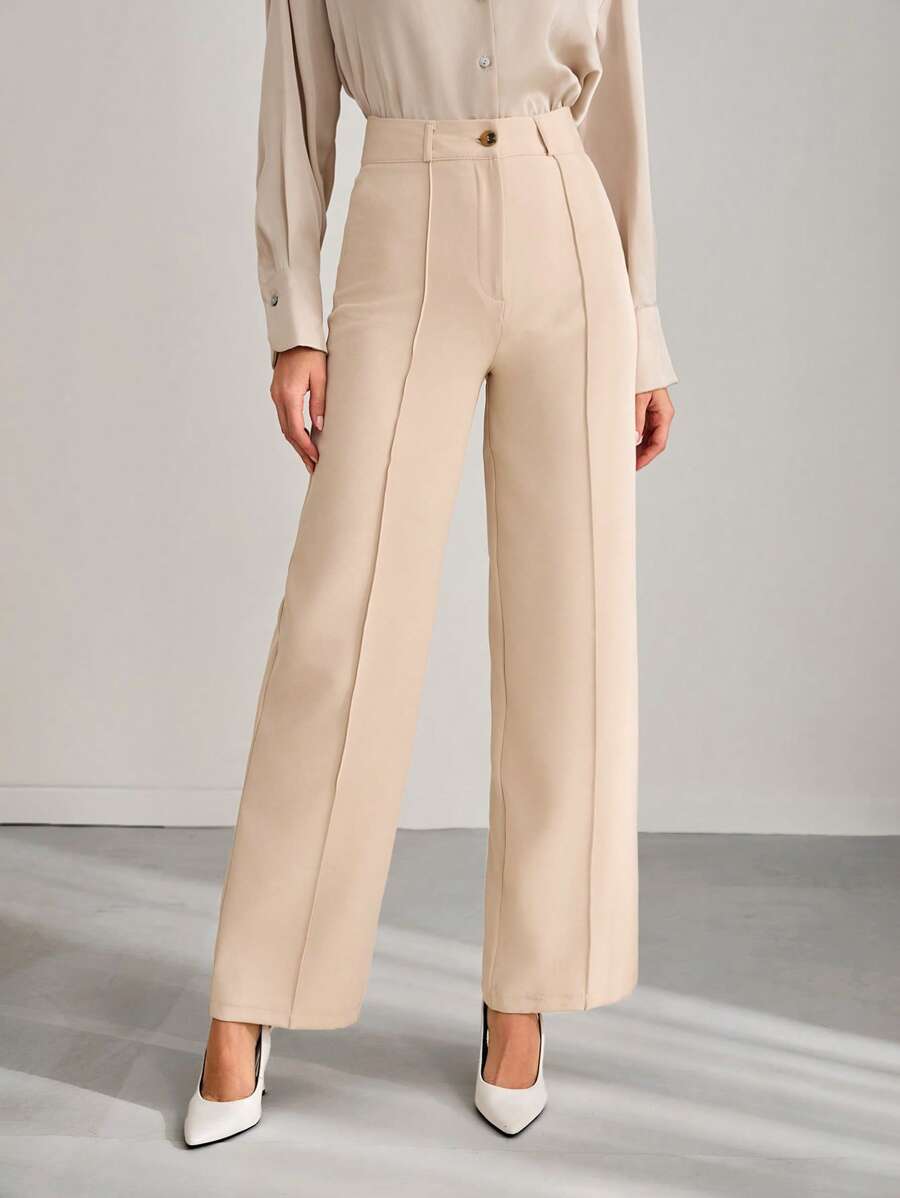 EURMUSE 女士纯色牙签条纹设计直筒休闲办公裤 - 卡其色 - 查看 1