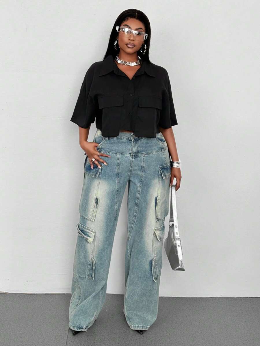 Maweii Camisa corta con bolsillo, unicolor, talla grande para mujer - Negro - Ver 1