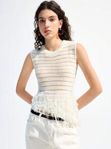 LYSMO Women's Spring/Summer Sleeveless Mesh Crochet Patchwork Tassel Knit Vest, Casual Resort, Retro Leisure - Beige - View 3