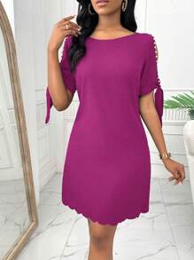 SHEIN Clasi Women's Solid Color Open Shoulder Elegant Beaded Midi Dress - Red Violet - View 3