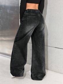 SHEIN Jeans sueltos de pierna ancha, cintura baja, bolsillos sesgados, estilo casual vintage Y2K en color gris lavado, para chicas adolescentes y ropa de calle