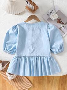 SHEIN Tween 女童甜美可爱彼得潘领泡泡袖蝴蝶结衬衫，适合正式、休闲、日常、街头风格、聚会 - 春夏 - 藍色 - 查看 2