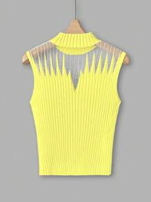 Franclia Blusa de punto informal sin mangas con cuello redondo y contraste de malla para mujer - Amarillo - Ver 2