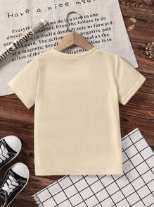 SHEIN Áo thun tay ngắn cổ tròn in chữ và động vật cho bé trai - Màu be - Xem 2