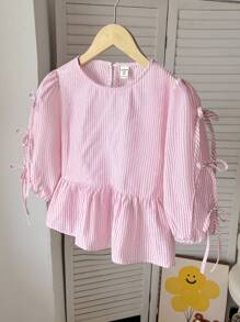 SHEIN LMoss Kids Tween Girl Casual Fashionable Striped Ruffle Bowknot 3/4 Sleeve Lantern Sleeve Fitted Blouse,Back To School, Summer Tops,Tween Girl Clothes,Babydoll Top,Cute Tops - Baby Pink - View 3