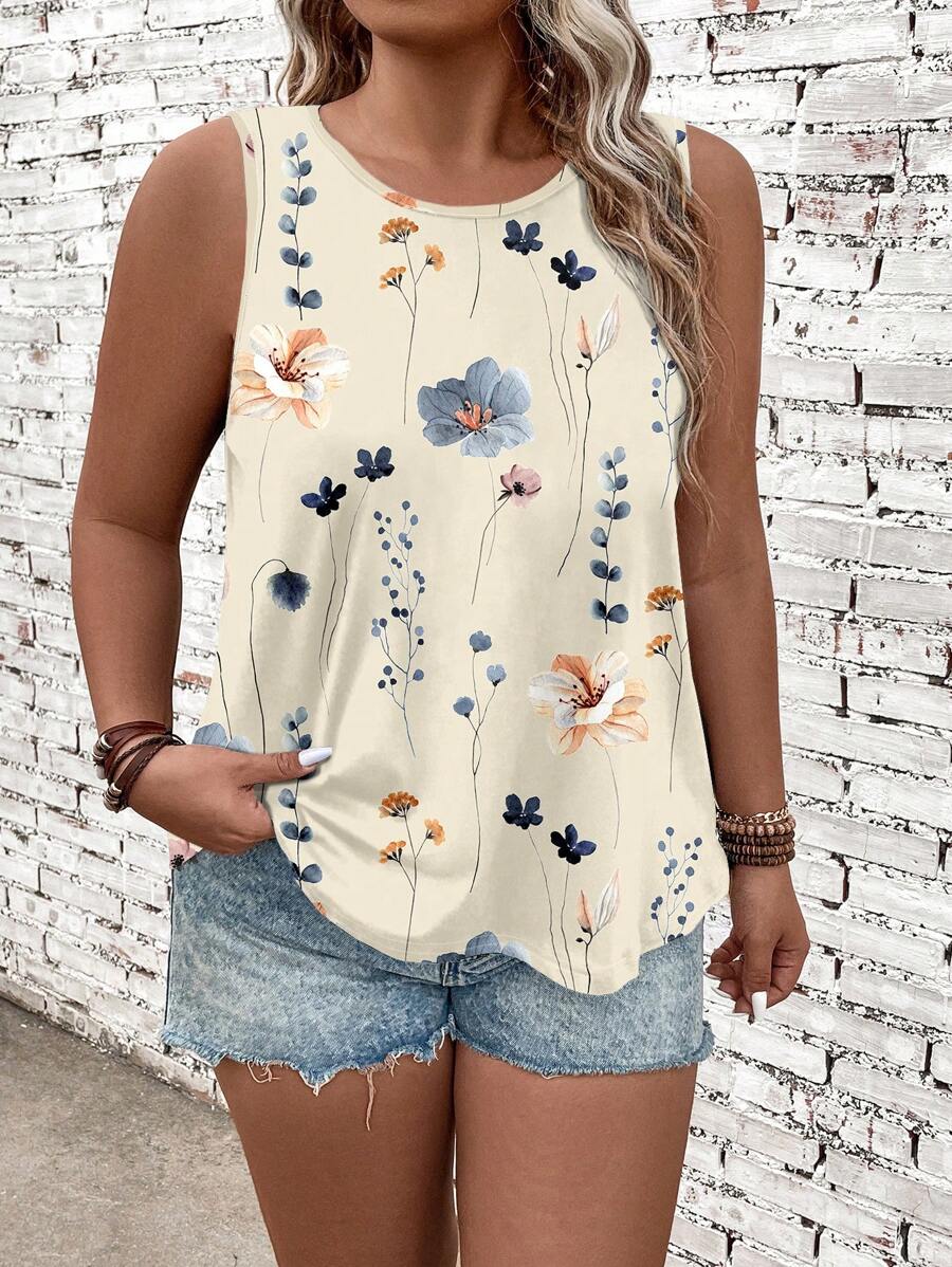 SHEIN VCAY Plus Size Women Casual Floral Pattern Round Neck Camisole And Tank Top, Suitable For Summer Back To School - Multicolor - View 1