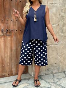 SHEIN LUNE Bộ 2 áo ba lỗ cổ chữ V viền bất đối xứng và quần dài 3/4 in họa tiết chấm bi thoải mái và giản dị - Màu xanh hải quân - Xem 3