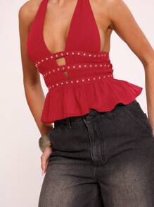 MUSERA Halterneck Ruched Top With Eyelet Banding , Autumn, Festival Spring Summer - Orange - View 5