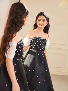 SHEIN Robe de soirée pour filles pré-adolescentes avec épaules dénudées et décoration de perles, convient pour les anniversaires et les cérémonies de remise des diplômes