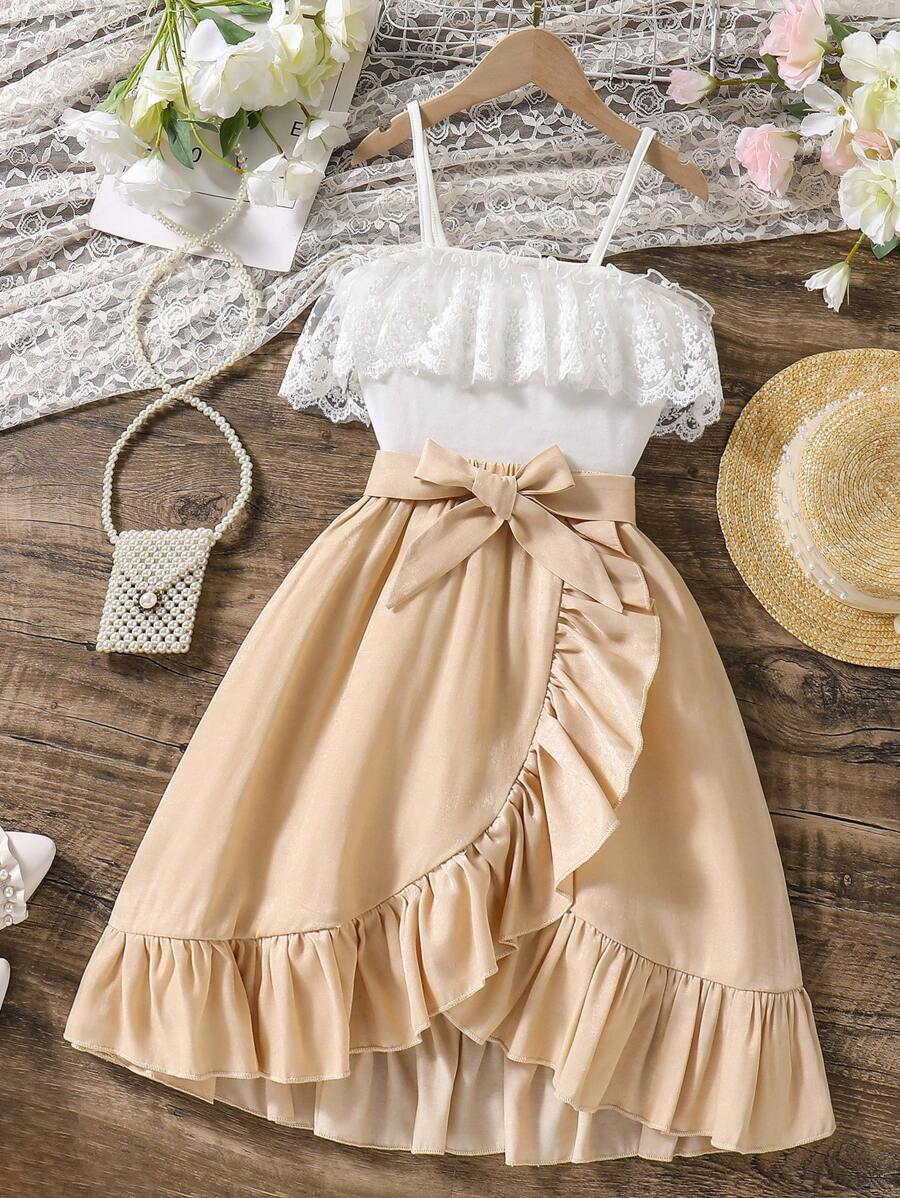 青少年女孩对比色蕾丝荷叶边下摆吊带背心和迷你裙两件套 - 卡其色 - 查看 1