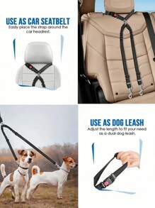 Arnés de seguridad con correa doble fija con amortiguación y tracción para 1 a 2 mascotas (perros o gatos) para usar en el coche, para seguridad en el vehículo