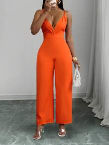Slaydiva Mono de mujer con escote en V profundo, detalle de torsión, tirantes cruzados, cintura ceñida, color naranja, apto para múltiples ocasiones: festivales de música, Pascua, estilo western, bohemio, elegante, formal, boda, cumpleaños, graduación, estudiante, casual, diario, todo a juego, ocio, crucero, playa, tomar el sol