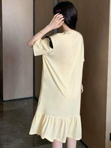 DAZY Women Loose Fit Heart Print Ruffle Hem Sleepshirt Pajama - Beige - View 2