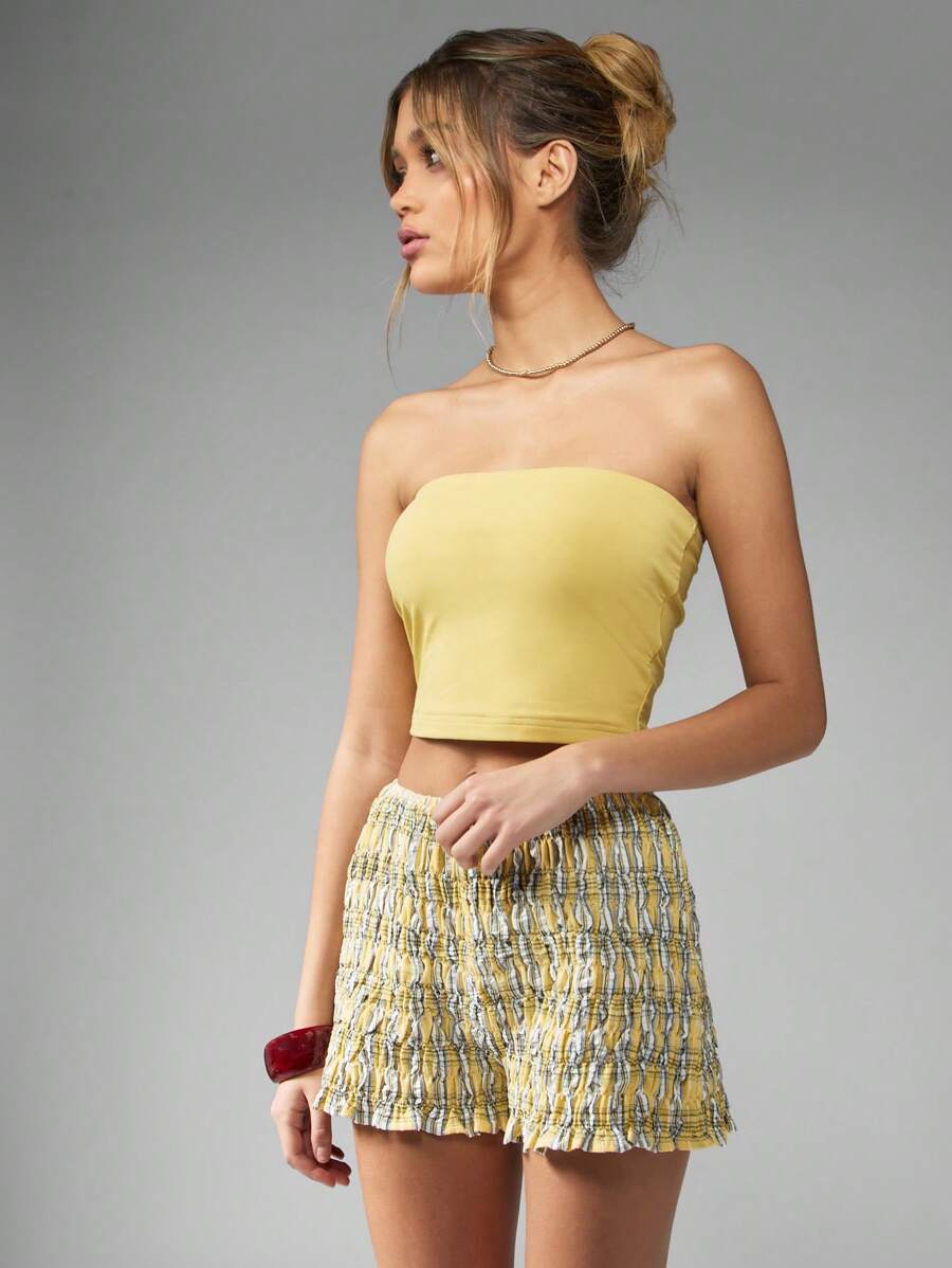 MISSGUIDED 无肩带抹胸短款上衣夏季节日必备海滩度假俱乐部派对休闲基本款简约抹胸短款弹力上衣 - 芥末黃 - 查看 1