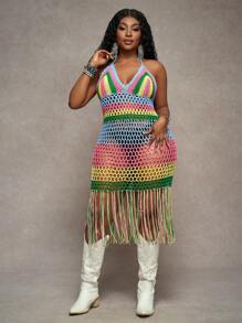 Slaydiva Váy tua rua khoét rỗng nhiều màu cỡ lớn cho nữ, thích hợp cho kỳ nghỉ ở bãi biển - Nhiều màu - Xem 4