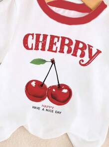 3pcs Baby Girl Casual Creative Denim Effect Bow, Cherry & Letter Printed Graphic Short Sleeve T-Shirts, Basic Style - Multicolor - View 5